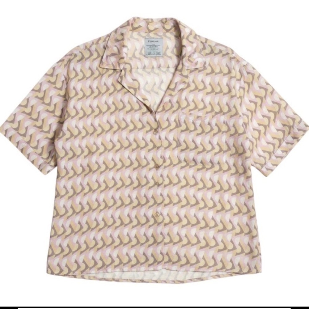 Prana Iguala Top Womens Medium Willow Retro Geo NWT Short Sleeve Button Down‎